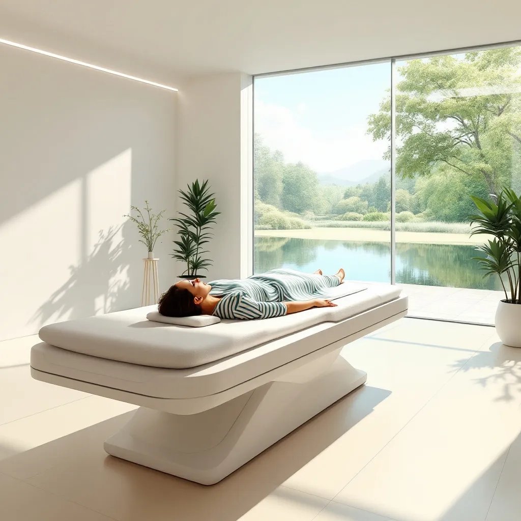 A patient in a cryotherapy chamber.