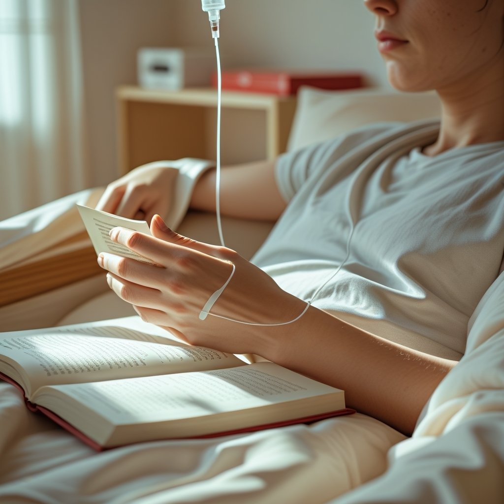 A patient receiving an IV nutrient drip in a calming wellness clinic.